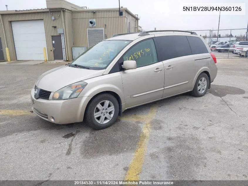 2004 Nissan Quest 3.5 Sl VIN: 5N1BV28U94N360126 Lot: 20184530