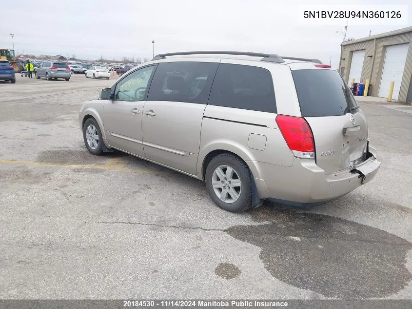 2004 Nissan Quest 3.5 Sl VIN: 5N1BV28U94N360126 Lot: 20184530