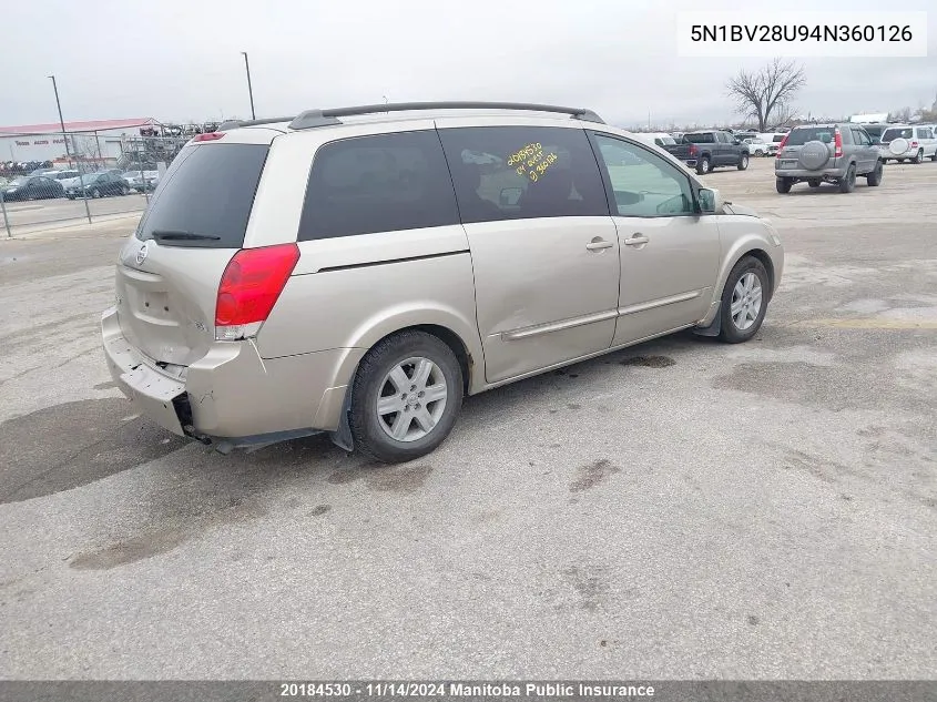 2004 Nissan Quest 3.5 Sl VIN: 5N1BV28U94N360126 Lot: 20184530