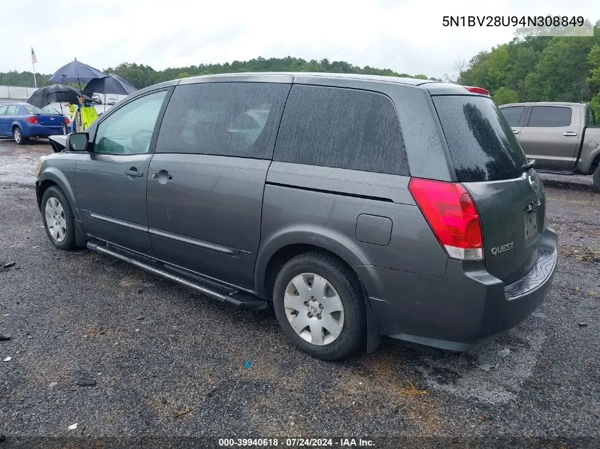 2004 Nissan Quest 3.5 S VIN: 5N1BV28U94N308849 Lot: 39940618