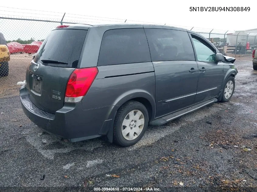 2004 Nissan Quest 3.5 S VIN: 5N1BV28U94N308849 Lot: 39940618