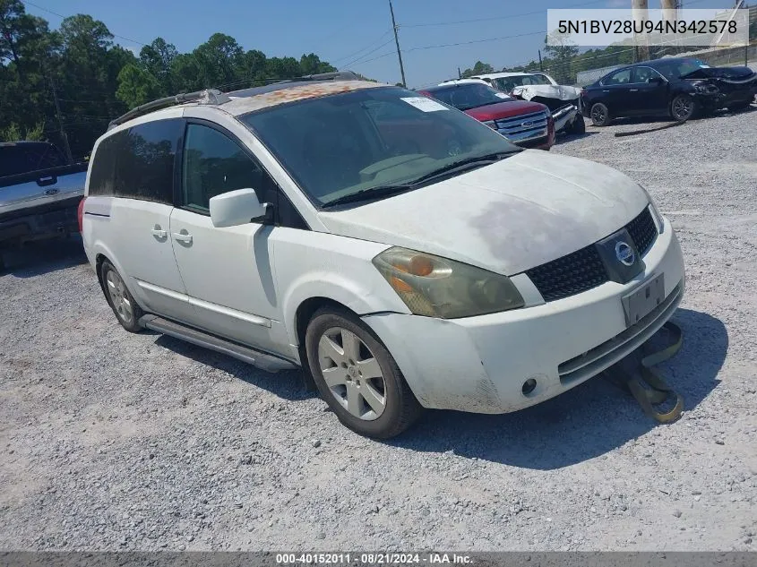 2004 Nissan Quest 3.5 Se VIN: 5N1BV28U94N342578 Lot: 40152011