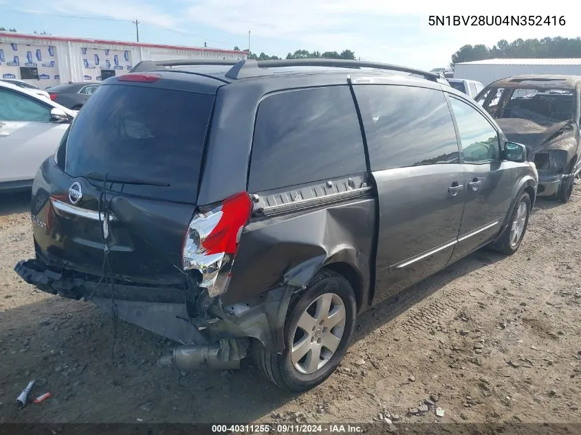 2004 Nissan Quest S/Se/Sl VIN: 5N1BV28U04N352416 Lot: 40311255