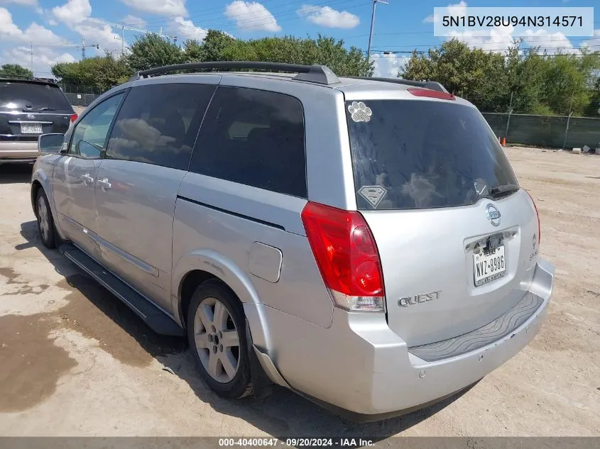 2004 Nissan Quest 3.5 Sl VIN: 5N1BV28U94N314571 Lot: 40400647