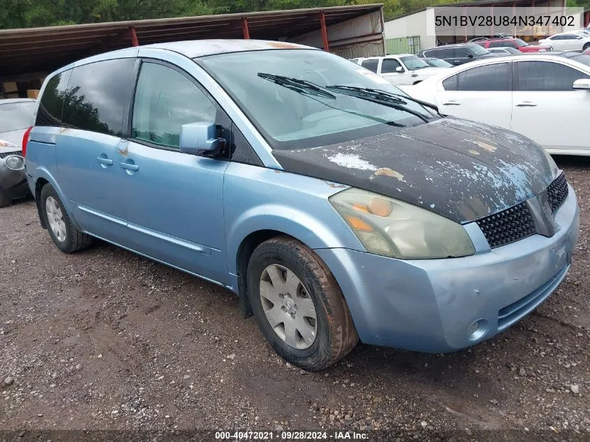 2004 Nissan Quest S VIN: 5N1BV28U84N347402 Lot: 40472021