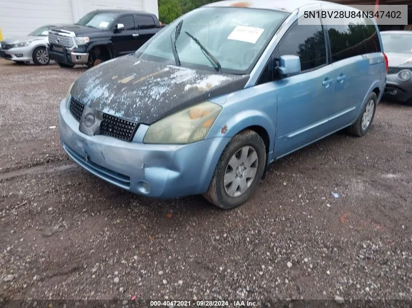 2004 Nissan Quest S VIN: 5N1BV28U84N347402 Lot: 40472021