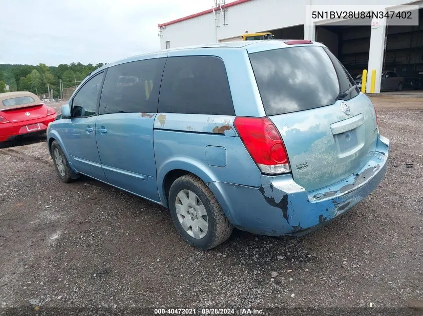 2004 Nissan Quest S VIN: 5N1BV28U84N347402 Lot: 40472021