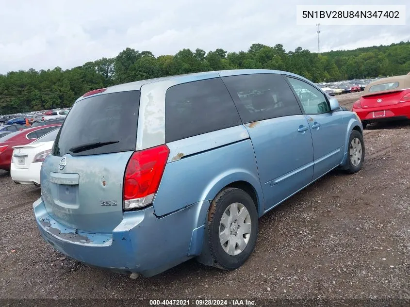 2004 Nissan Quest S VIN: 5N1BV28U84N347402 Lot: 40472021