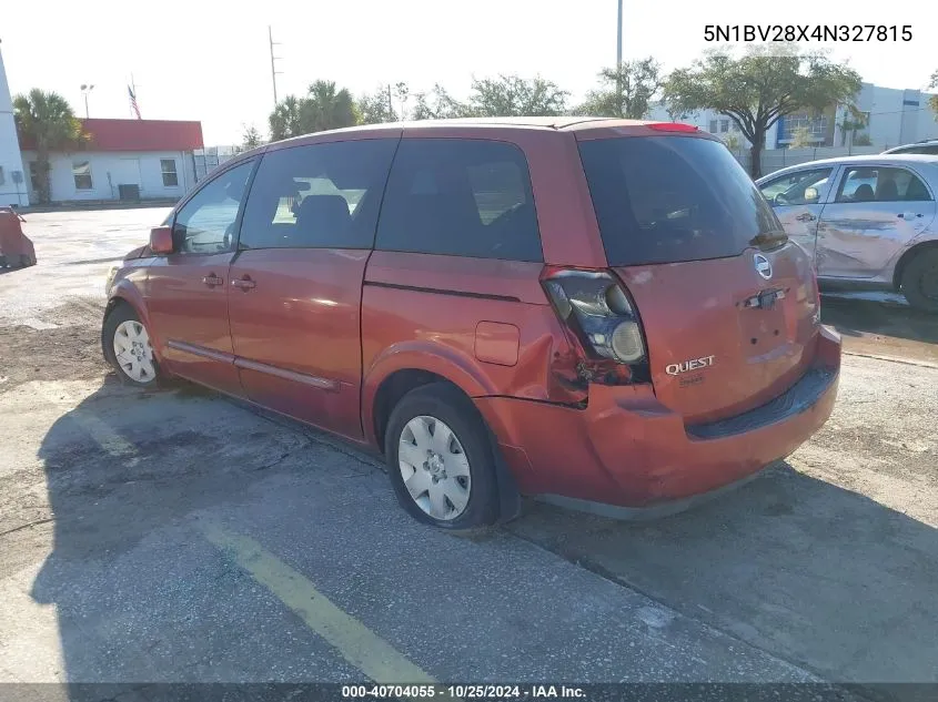 2004 Nissan Quest VIN: 5N1BV28X4N327815 Lot: 40704055