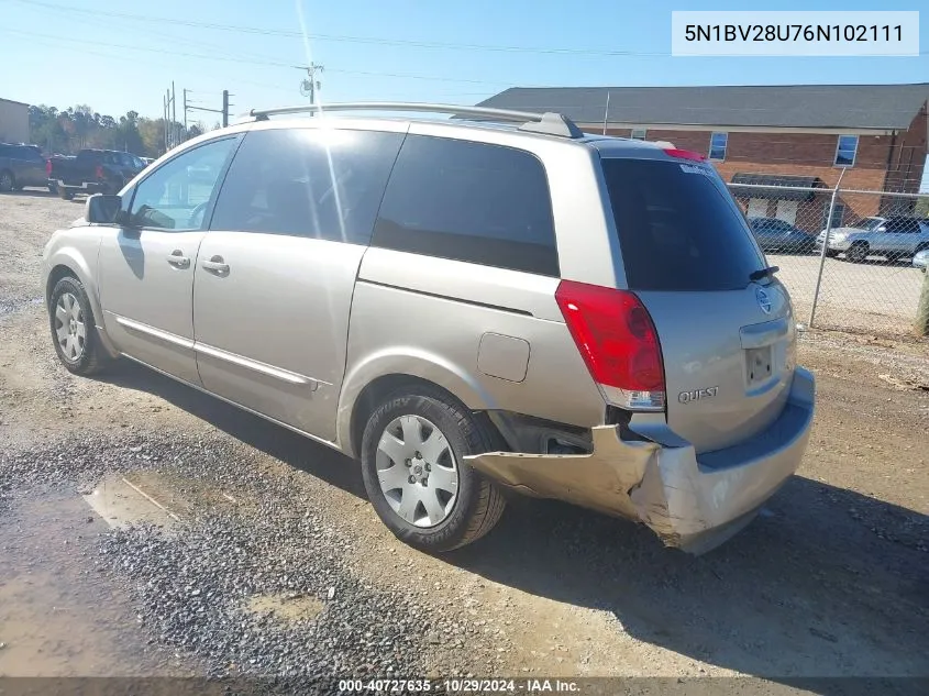 2006 Nissan Quest VIN: 5N1BV28U76N102111 Lot: 40727635