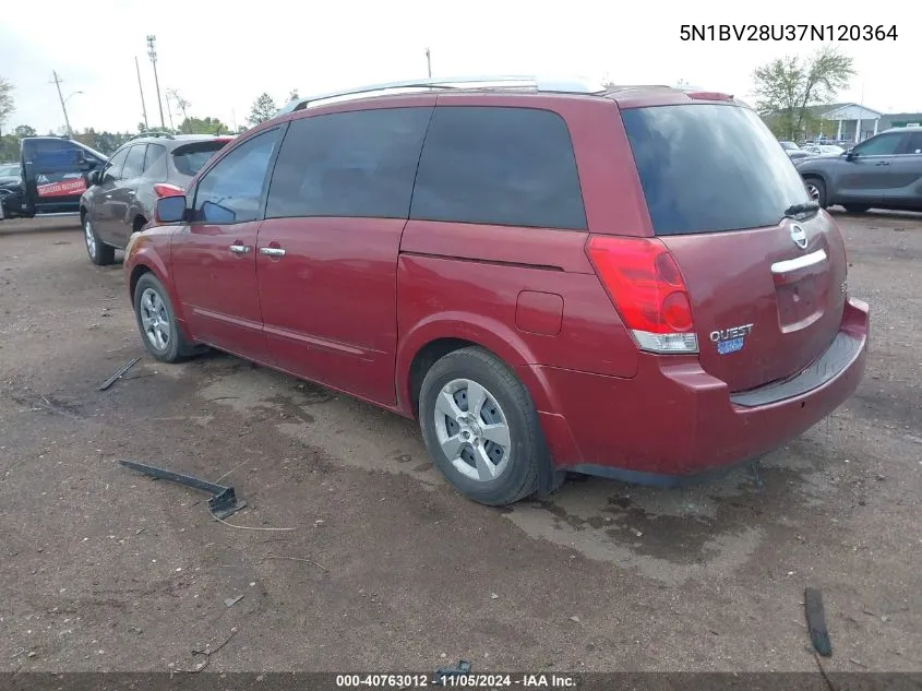 2007 Nissan Quest 3.5 S VIN: 5N1BV28U37N120364 Lot: 40763012