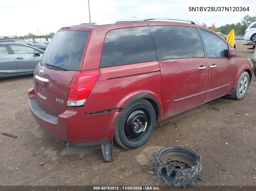 2007 Nissan Quest 3.5 S VIN: 5N1BV28U37N120364 Lot: 40763012