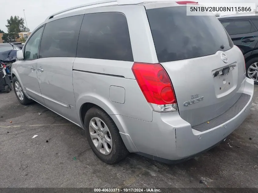 2008 Nissan Quest 3.5 S VIN: 5N1BV28U08N115866 Lot: 40633371