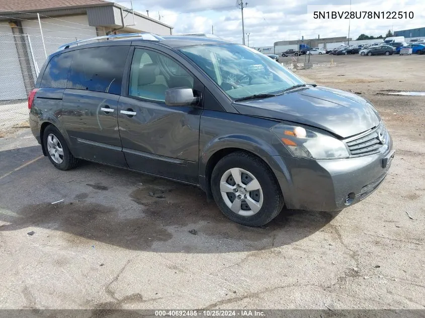 2008 Nissan Quest 3.5 S VIN: 5N1BV28U78N122510 Lot: 40692485