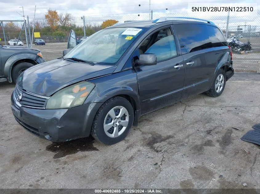 2008 Nissan Quest 3.5 S VIN: 5N1BV28U78N122510 Lot: 40692485