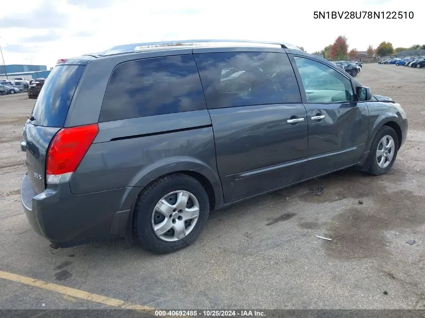 2008 Nissan Quest 3.5 S VIN: 5N1BV28U78N122510 Lot: 40692485