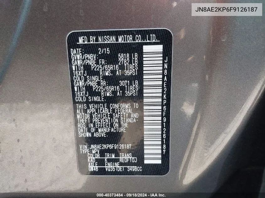 2015 Nissan Quest S/Sv/Sl/Platinum VIN: JN8AE2KP6F9126187 Lot: 40373484