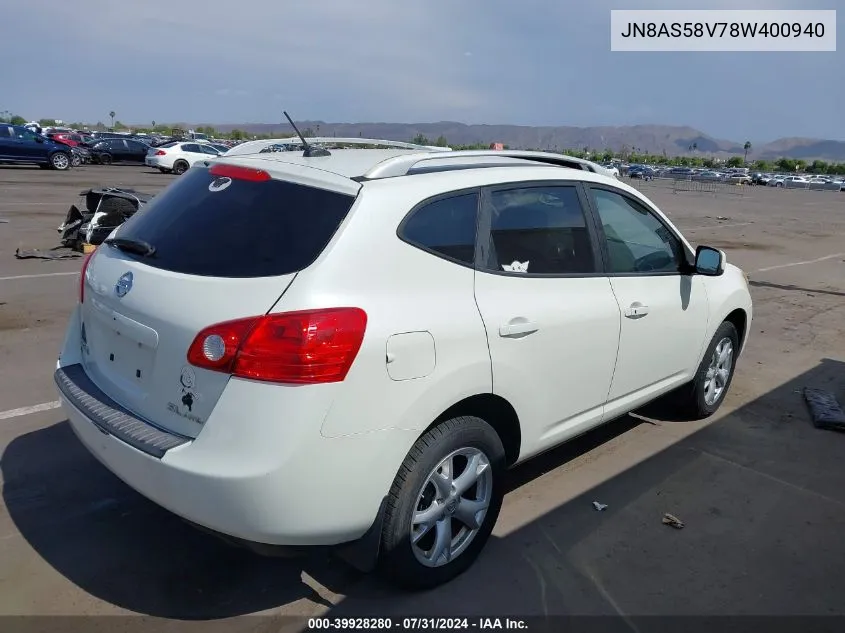 2008 Nissan Rogue Sl VIN: JN8AS58V78W400940 Lot: 39928280