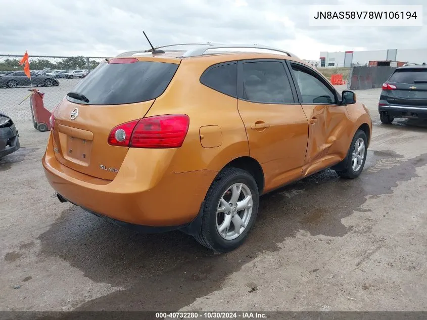 2008 Nissan Rogue Sl VIN: JN8AS58V78W106194 Lot: 40732280