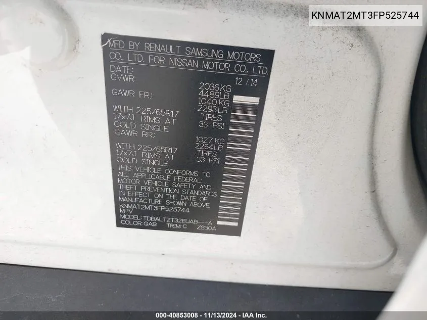 KNMAT2MT3FP525744 2015 Nissan Rogue Sv