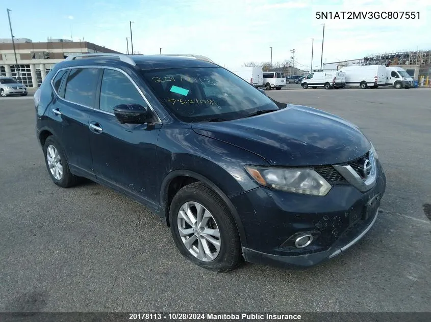 2016 Nissan Rogue Sv VIN: 5N1AT2MV3GC807551 Lot: 20178113