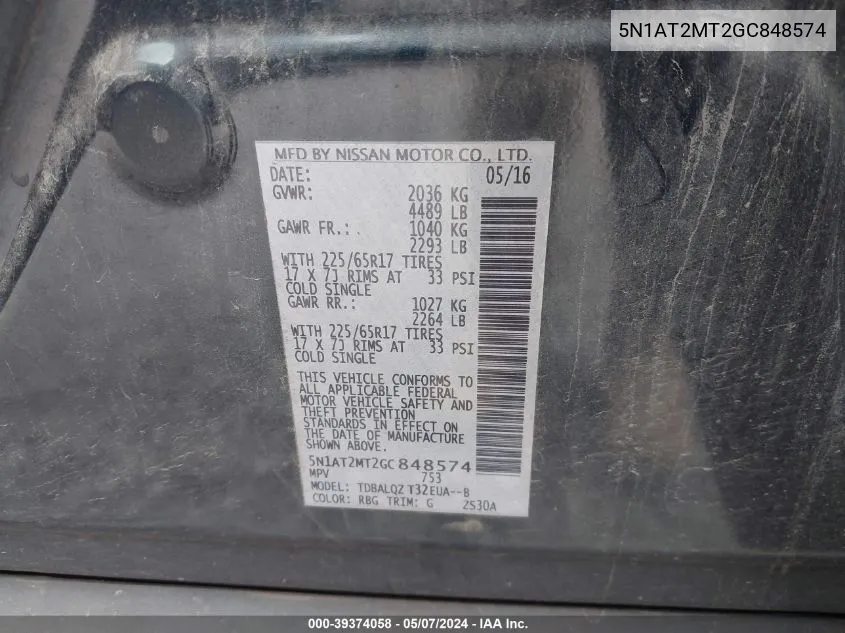 5N1AT2MT2GC848574 2016 Nissan Rogue Sv