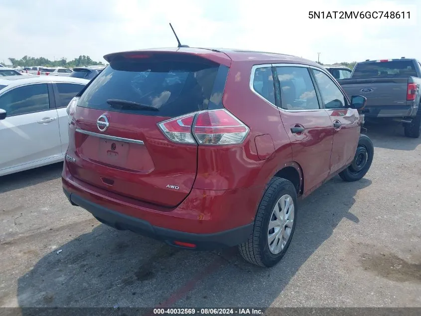 2016 Nissan Rogue S/Sl/Sv VIN: 5N1AT2MV6GC748611 Lot: 40032569