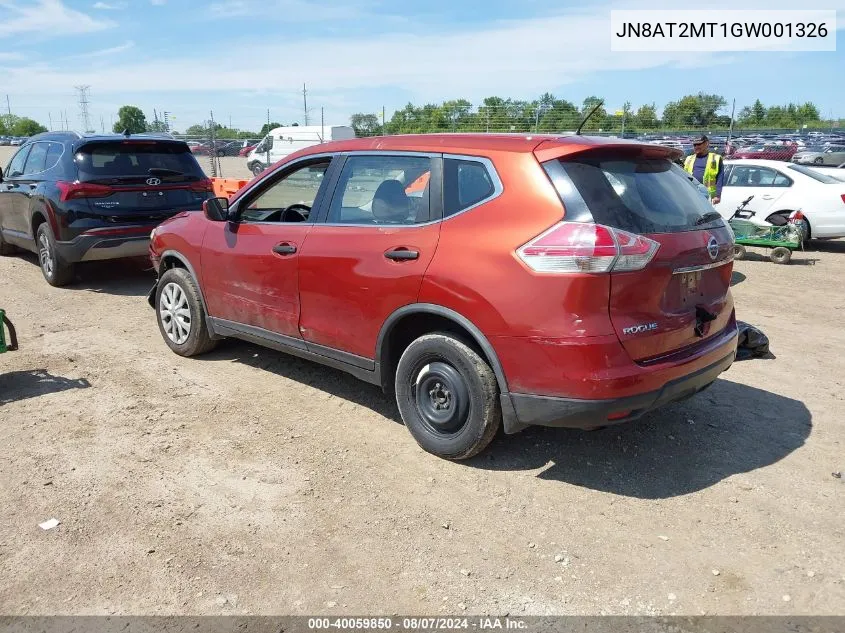 2016 Nissan Rogue S VIN: JN8AT2MT1GW001326 Lot: 40059850