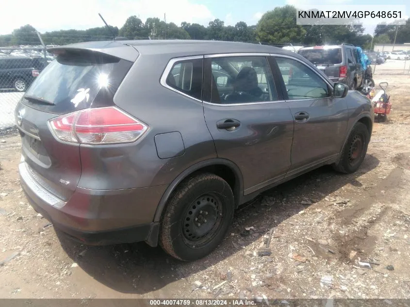 2016 Nissan Rogue S VIN: KNMAT2MV4GP648651 Lot: 40074759