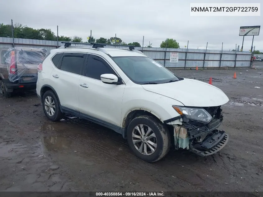 2016 Nissan Rogue Sv VIN: KNMAT2MT2GP722759 Lot: 40358854