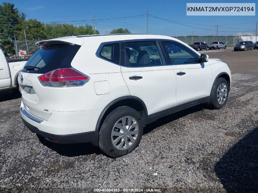 2016 Nissan Rogue S VIN: KNMAT2MVXGP724194 Lot: 40384383