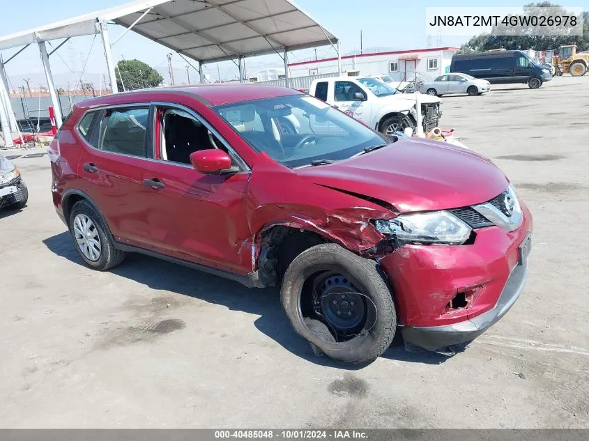 2016 Nissan Rogue S VIN: JN8AT2MT4GW026978 Lot: 40485048