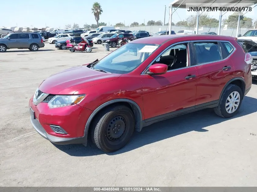 2016 Nissan Rogue S VIN: JN8AT2MT4GW026978 Lot: 40485048