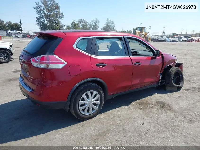 2016 Nissan Rogue S VIN: JN8AT2MT4GW026978 Lot: 40485048