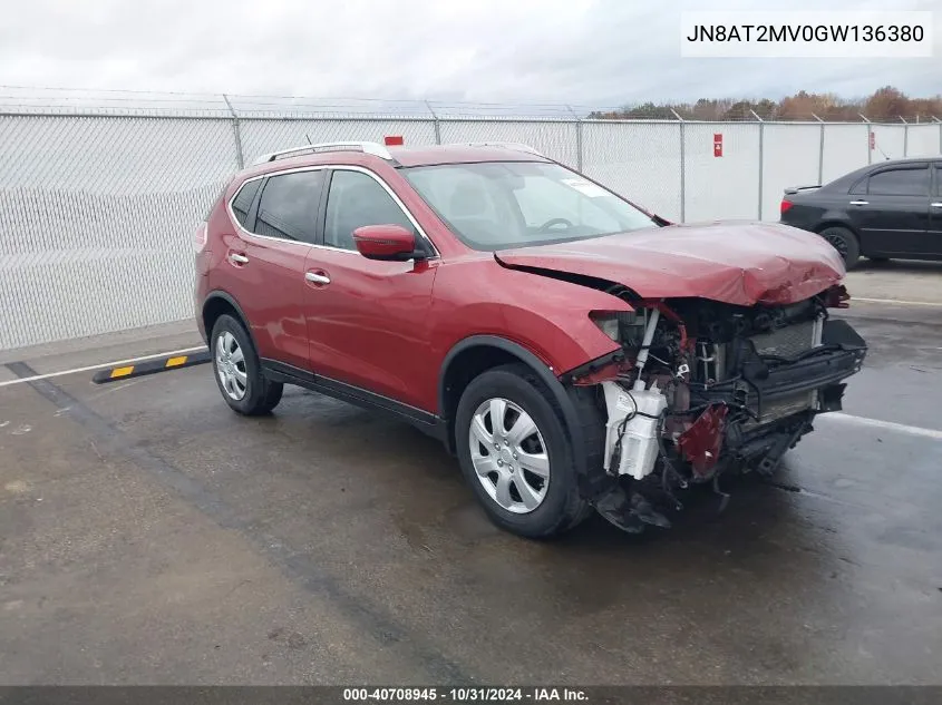 2016 Nissan Rogue S VIN: JN8AT2MV0GW136380 Lot: 40708945