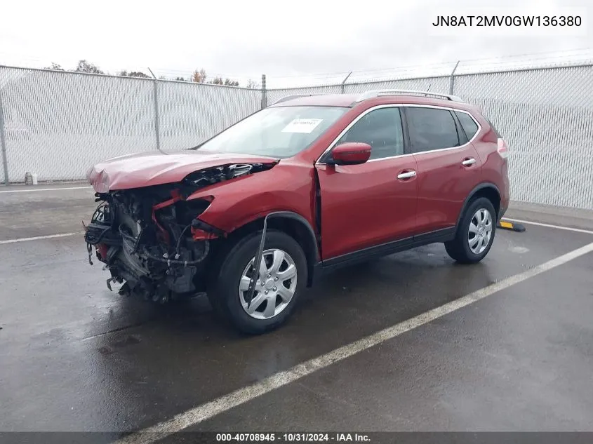 2016 Nissan Rogue S VIN: JN8AT2MV0GW136380 Lot: 40708945