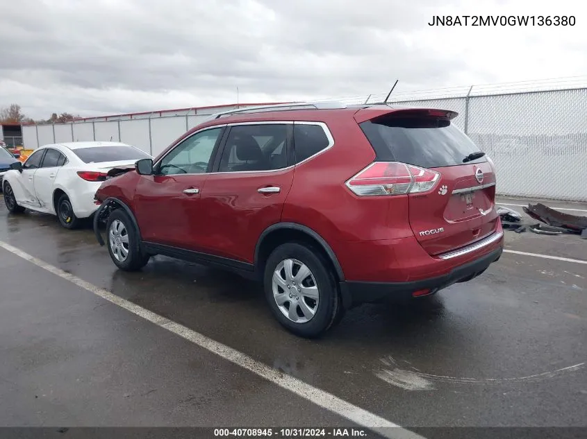 2016 Nissan Rogue S VIN: JN8AT2MV0GW136380 Lot: 40708945