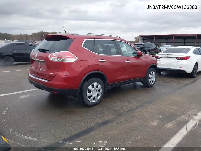 2016 Nissan Rogue S VIN: JN8AT2MV0GW136380 Lot: 40708945