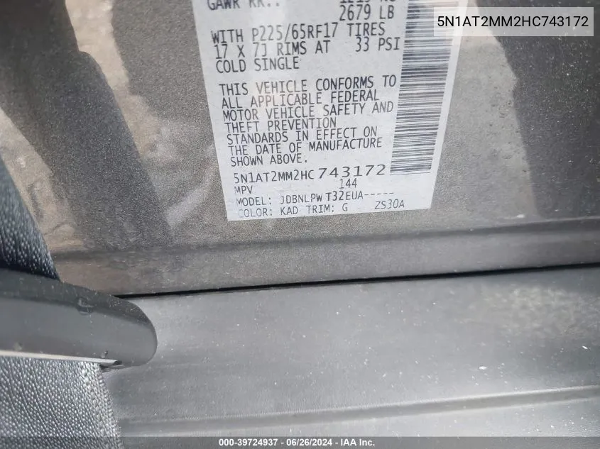 5N1AT2MM2HC743172 2017 Nissan Rogue S