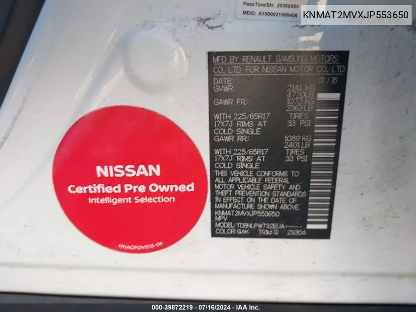 KNMAT2MVXJP553650 2018 Nissan Rogue S