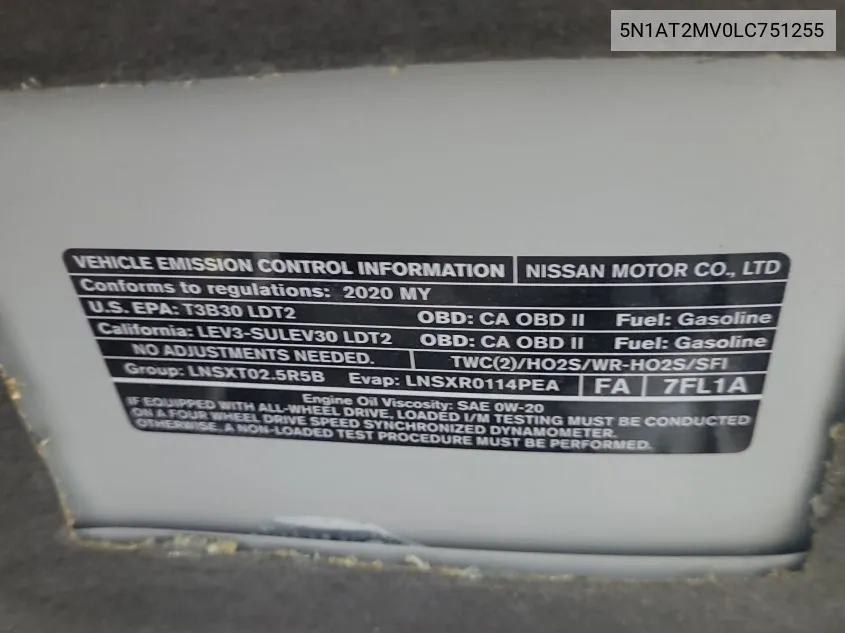 5N1AT2MV0LC751255 2020 Nissan Rogue S/Sl/Sv