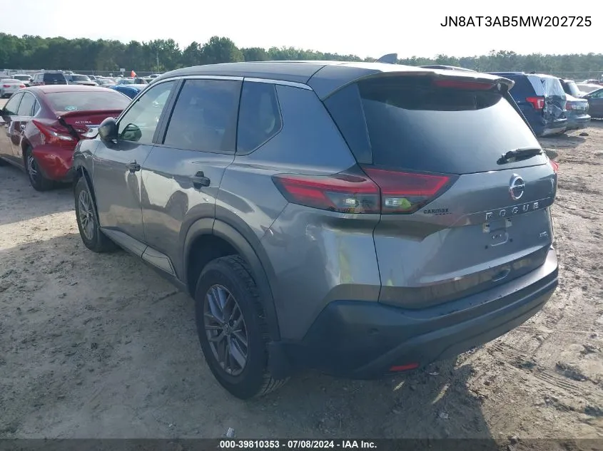 2021 Nissan Rogue S Intelligent Awd VIN: JN8AT3AB5MW202725 Lot: 39810353