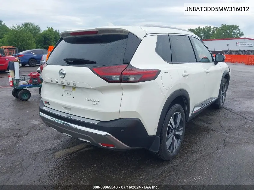 2021 Nissan Rogue Platinum Intelligent Awd VIN: JN8AT3DD5MW316012 Lot: 39865543