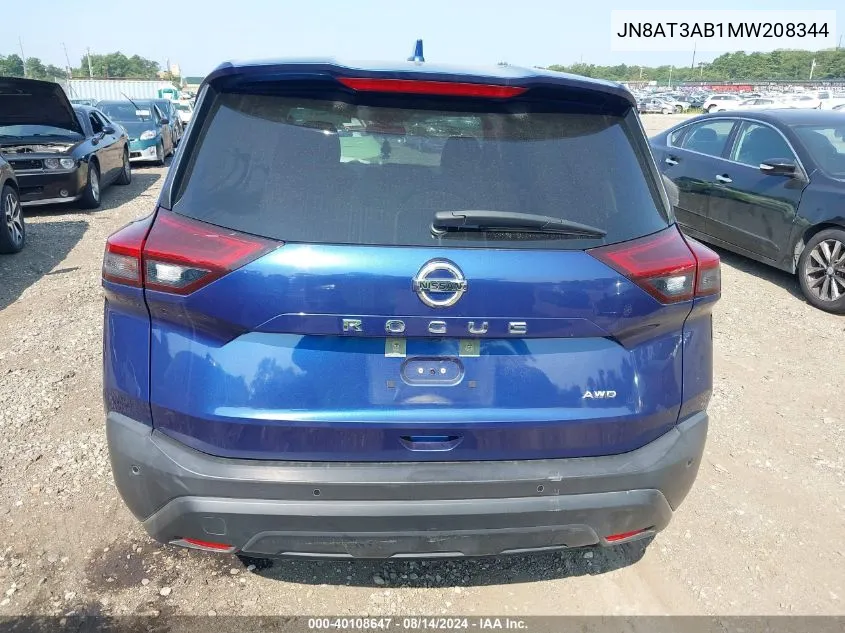 2021 Nissan Rogue S VIN: JN8AT3AB1MW208344 Lot: 40108647