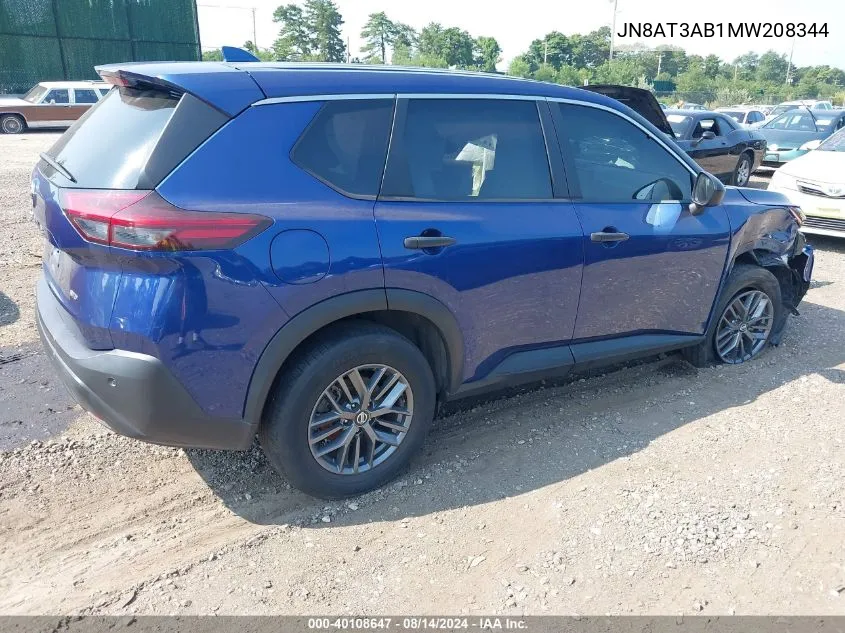 2021 Nissan Rogue S VIN: JN8AT3AB1MW208344 Lot: 40108647