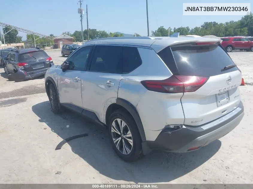 2021 Nissan Rogue Sv Intelligent Awd VIN: JN8AT3BB7MW230346 Lot: 40189111