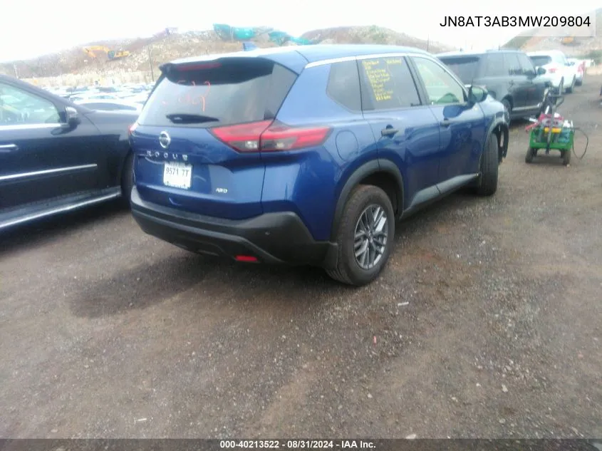 2021 Nissan Rogue S Intelligent Awd VIN: JN8AT3AB3MW209804 Lot: 40213522