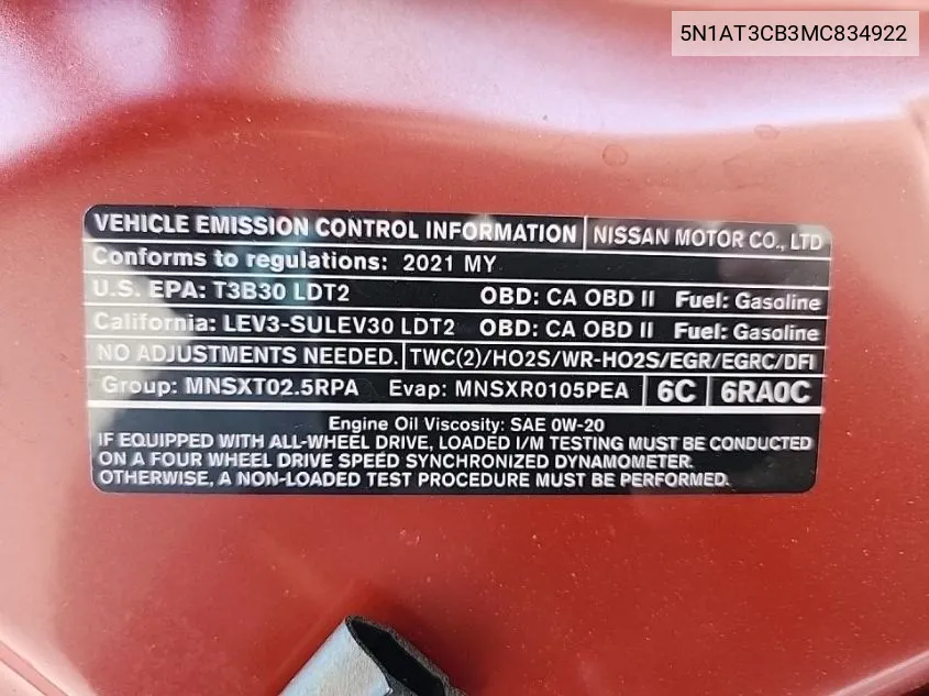 5N1AT3CB3MC834922 2021 Nissan Rogue Sl