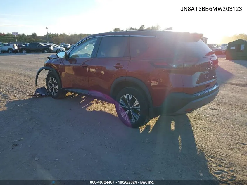 2021 Nissan Rogue Sv Intelligent Awd VIN: JN8AT3BB6MW203123 Lot: 40724467