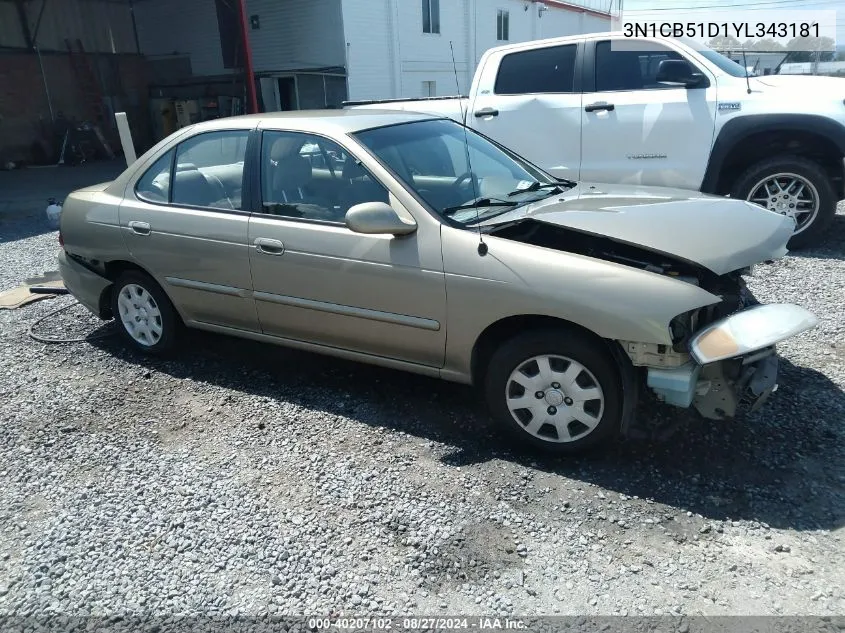 2000 Nissan Sentra Gxe/Xe VIN: 3N1CB51D1YL343181 Lot: 40207102